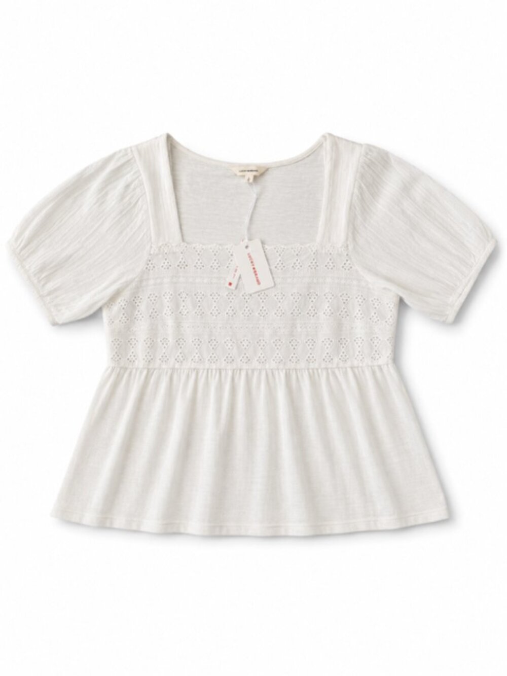 NWT Lucky Brand White Eyelet Peplum Top Women’s M Puff Sleeve Boho - Picture 2 of 5